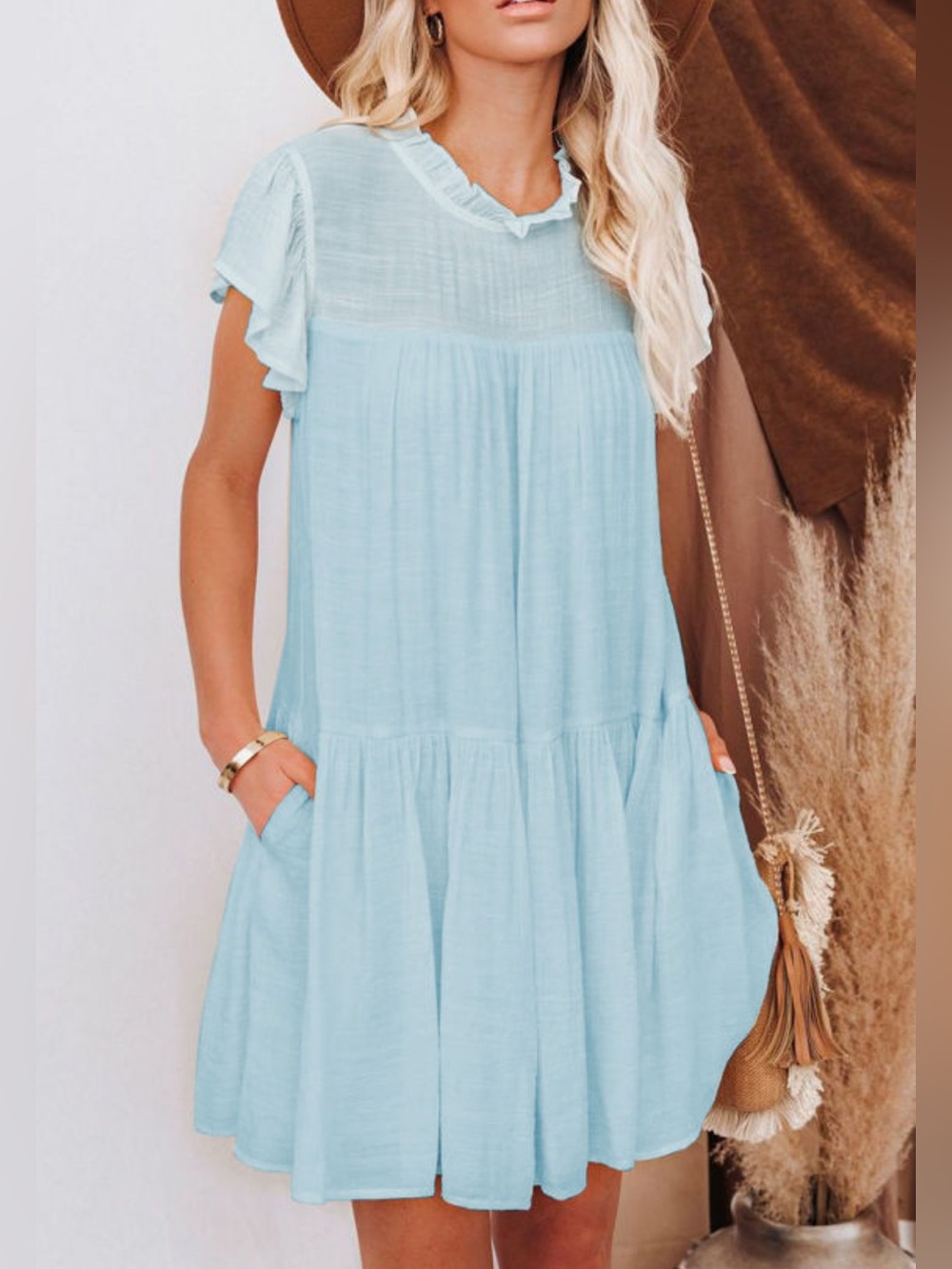 Light Blue Ruffle Sleeve Babydoll Dress